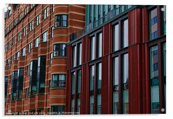 Modern building facade with a pattern of red and brown rectangular windows and panels, architectural background in Leeds, UK. Acrylic by Man And Life