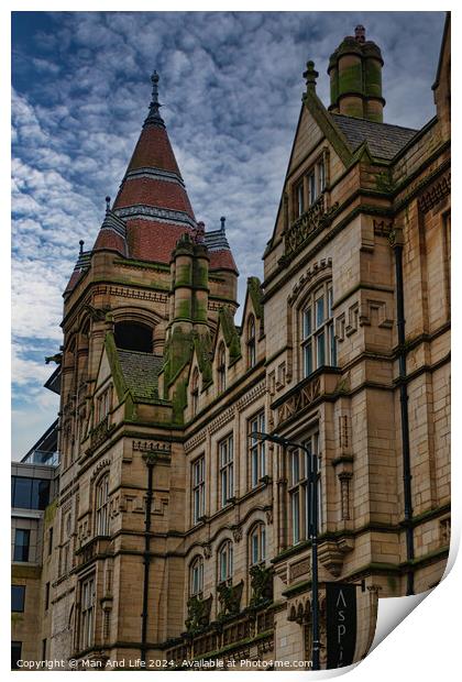 Victorian architecture with intricate details under a blue sky with clouds in Leeds, UK. Print by Man And Life