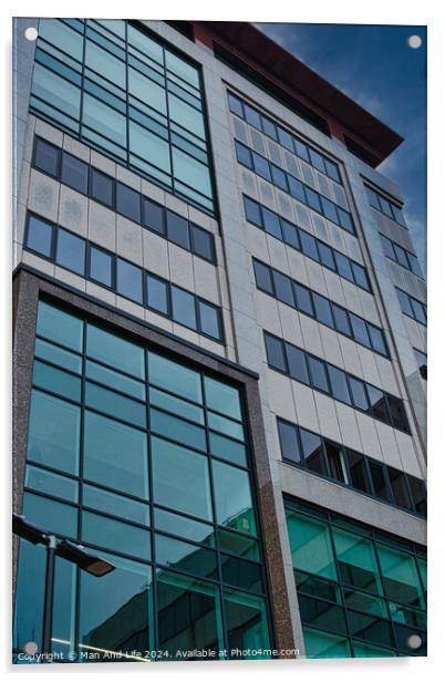 Modern office building facade with reflective glass windows against a blue sky in Leeds, UK. Acrylic by Man And Life