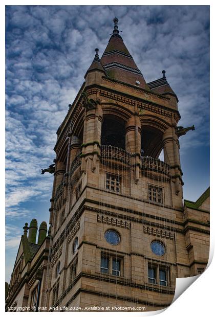 Gothic style tower against a dramatic cloudy sky in Leeds, UK. Print by Man And Life
