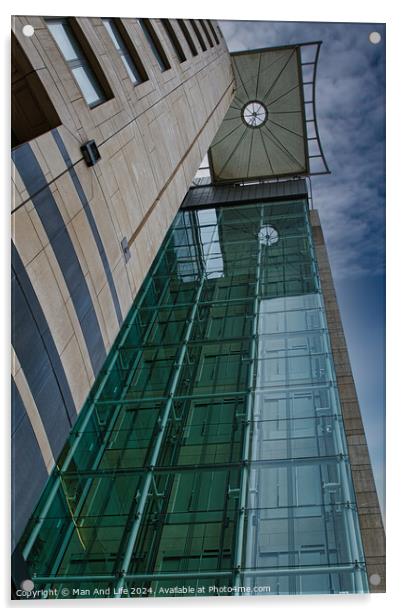 Modern architectural detail with glass facade and clock tower against a blue sky in Leeds, UK. Acrylic by Man And Life