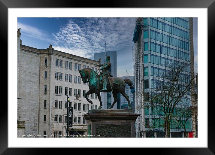 Equestrian statue in urban setting with modern buildings and cloudy sky in the background in Leeds, UK. Framed Mounted Print by Man And Life