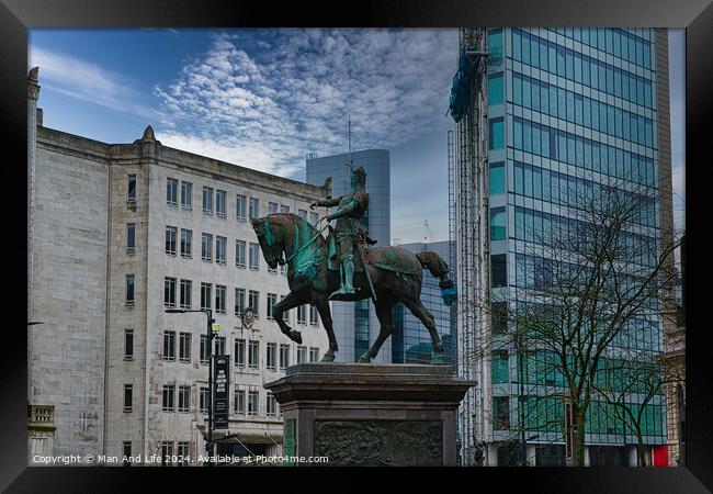 Equestrian statue in urban setting with modern buildings and cloudy sky in the background in Leeds, UK. Framed Print by Man And Life