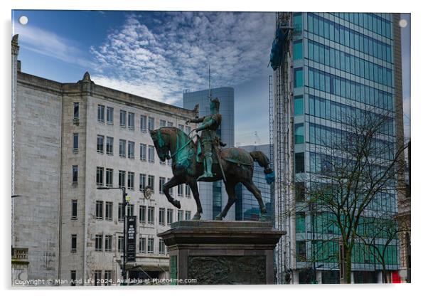 Equestrian statue in urban setting with modern buildings and cloudy sky in the background in Leeds, UK. Acrylic by Man And Life
