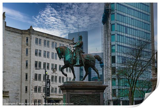 Equestrian statue in urban setting with modern buildings and cloudy sky in the background in Leeds, UK. Print by Man And Life