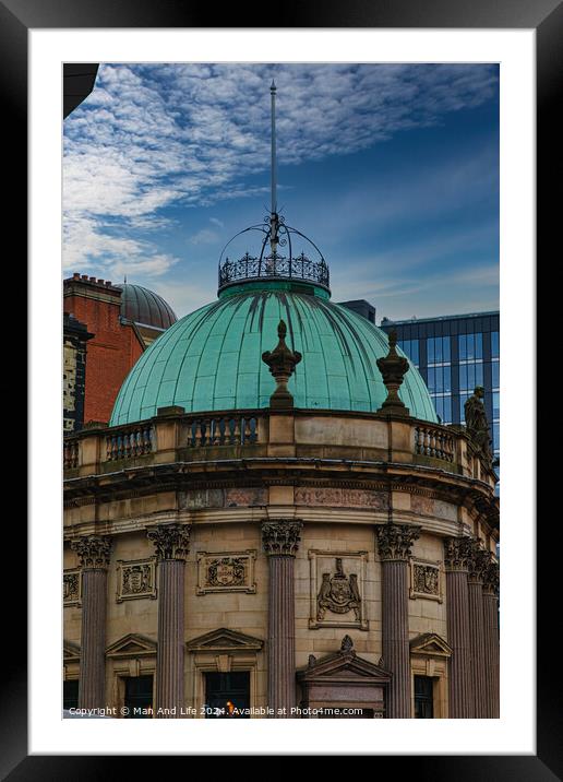 Vintage green dome of a classical building against a blue sky with modern skyscrapers in the background in Leeds, UK. Framed Mounted Print by Man And Life