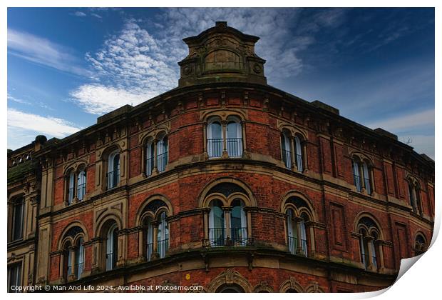 Victorian architecture with ornate windows against a cloudy sky in Leeds, UK. Print by Man And Life