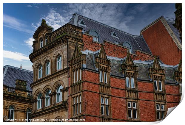 Victorian architecture with ornate details and blue sky in Leeds, UK. Print by Man And Life