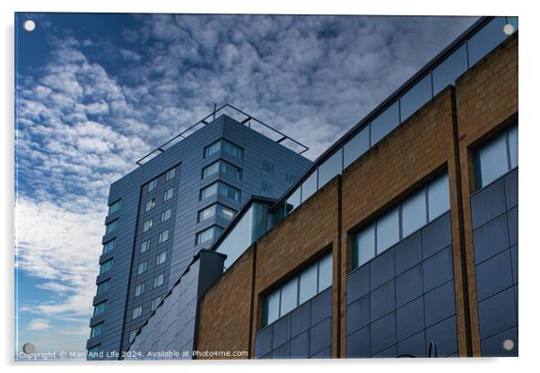Modern urban architecture with blue sky and clouds in Leeds, UK. Acrylic by Man And Life