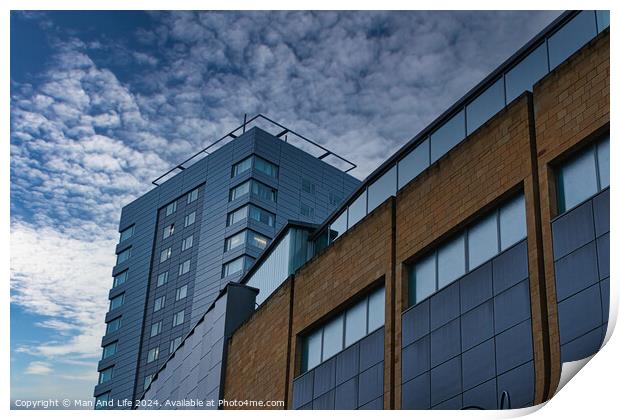 Modern urban architecture with blue sky and clouds in Leeds, UK. Print by Man And Life