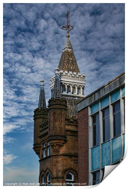 Historic tower with spire against a dramatic cloudy sky, juxtaposed with modern building facade in Leeds, UK. Print by Man And Life