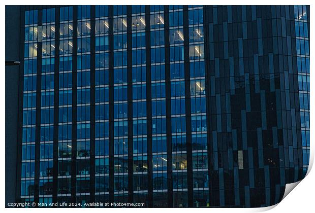 Modern office building facade with reflective glass windows at dusk in Leeds, UK. Print by Man And Life