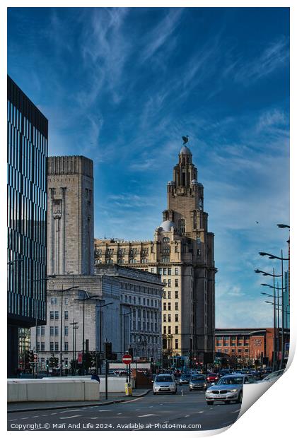 Urban cityscape with historic architecture and modern buildings under a blue sky with wispy clouds in Liverpool, UK. Print by Man And Life