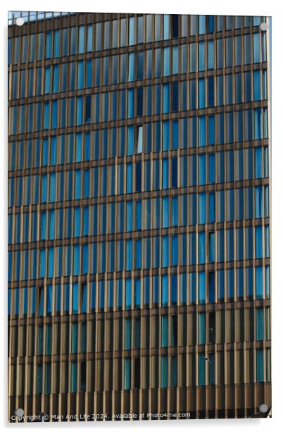 Modern office building facade with blue glass windows and steel structure, architectural background in Liverpool, UK. Acrylic by Man And Life