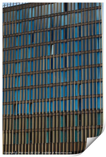 Modern office building facade with blue glass windows and steel structure, architectural background in Liverpool, UK. Print by Man And Life