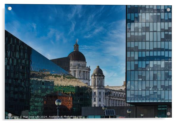 Urban contrast with old dome architecture beside modern glass building under a blue sky with wispy clouds in Liverpool, UK. Acrylic by Man And Life