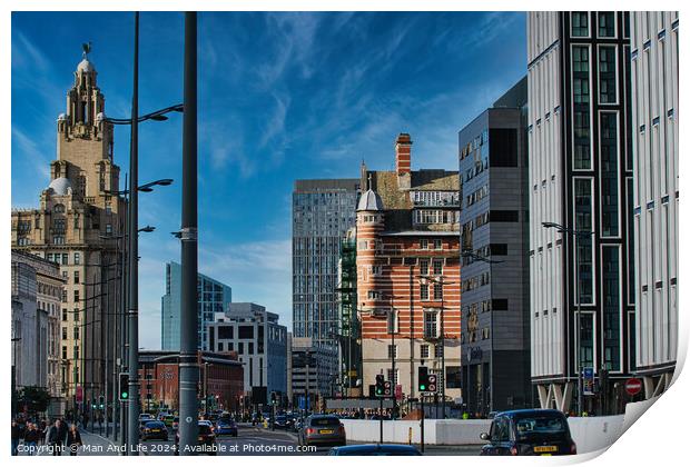 Urban cityscape with modern and historic architecture under a clear blue sky in Liverpool, UK. Print by Man And Life
