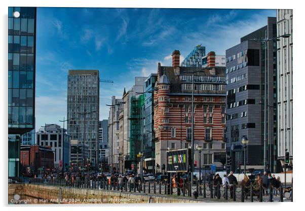 Modern cityscape with diverse architecture and pedestrians on a sunny day in Liverpool, UK. Acrylic by Man And Life