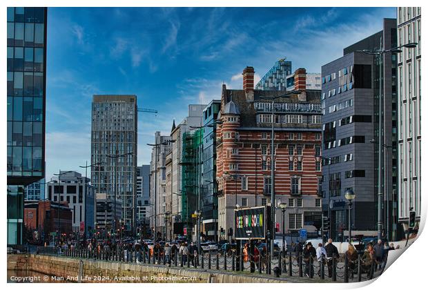Modern cityscape with diverse architecture and pedestrians on a sunny day in Liverpool, UK. Print by Man And Life