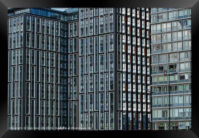 Modern glass office buildings with a pattern of windows reflecting the sky, showcasing urban architecture in Liverpool, UK. Framed Print by Man And Life