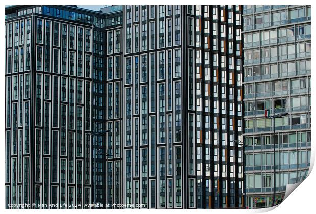 Modern glass office buildings with a pattern of windows reflecting the sky, showcasing urban architecture in Liverpool, UK. Print by Man And Life