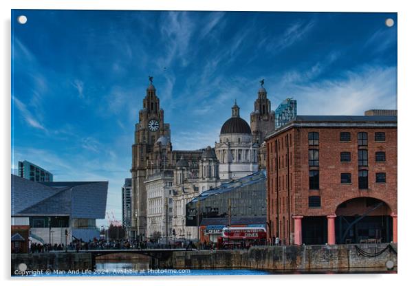 Liverpool waterfront with historic buildings and blue sky Acrylic by Man And Life