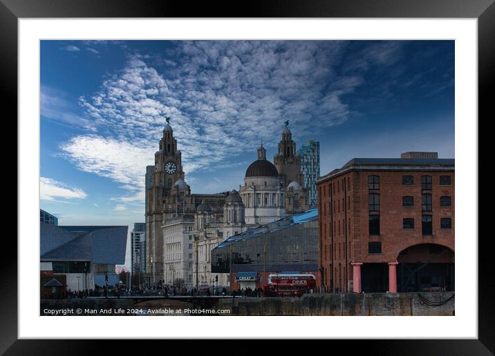 Dramatic sky over historic city buildings with modern architecture in the foreground in Liverpool, UK. Framed Mounted Print by Man And Life