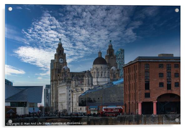 Dramatic sky over historic city buildings with modern architecture in the foreground in Liverpool, UK. Acrylic by Man And Life