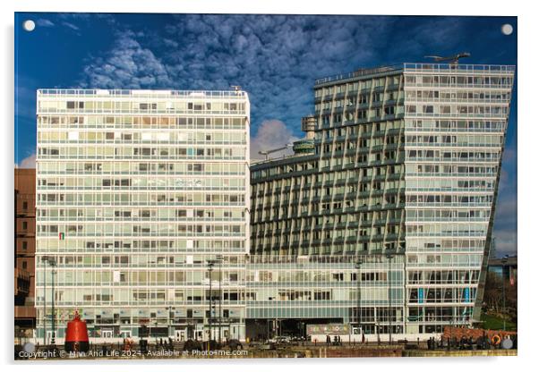 Modern office buildings with reflective glass facades against a blue sky with clouds in Liverpool, UK. Acrylic by Man And Life
