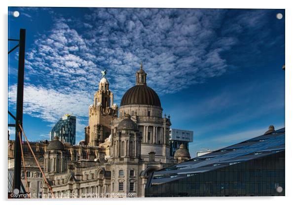 Liverpool's iconic waterfront buildings under a blue sky with wispy clouds. Acrylic by Man And Life