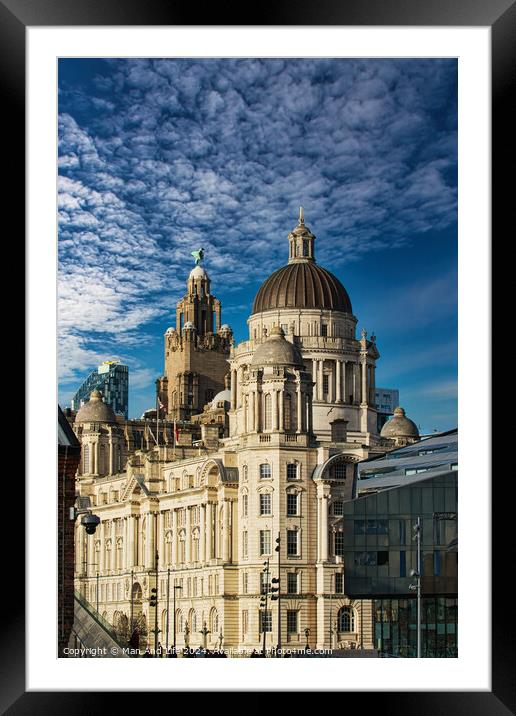 Stunning architecture against a blue sky with dramatic clouds in Liverpool, UK. Framed Mounted Print by Man And Life