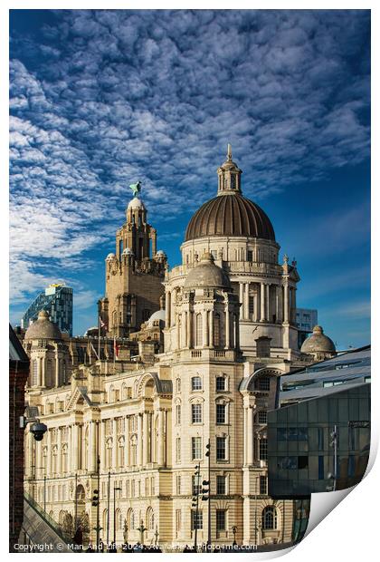 Stunning architecture against a blue sky with dramatic clouds in Liverpool, UK. Print by Man And Life