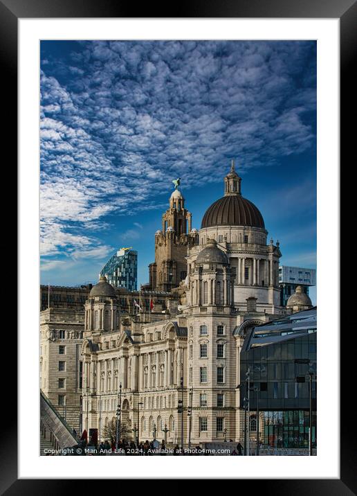 Dramatic sky over historic city buildings with intricate architecture in Liverpool, UK. Framed Mounted Print by Man And Life