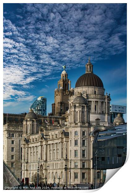 Dramatic sky over historic city buildings with intricate architecture in Liverpool, UK. Print by Man And Life