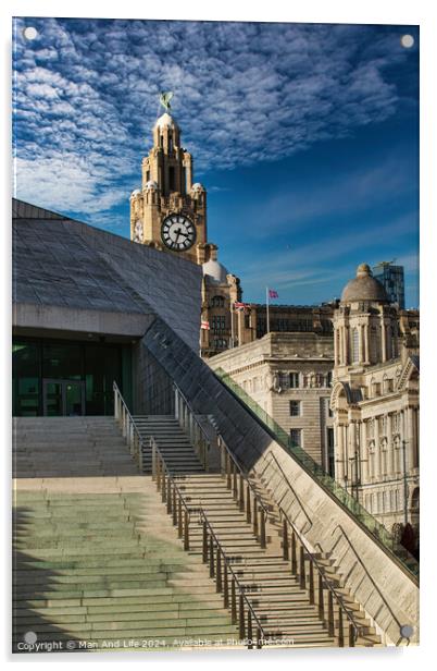 Modern staircase leading to historic clock tower under a blue sky with wispy clouds in Liverpool, UK. Acrylic by Man And Life