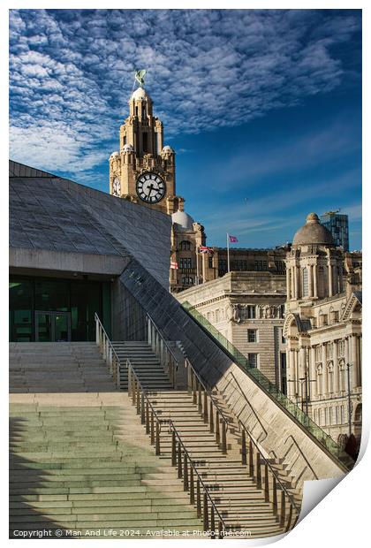 Modern staircase leading to historic clock tower under a blue sky with wispy clouds in Liverpool, UK. Print by Man And Life