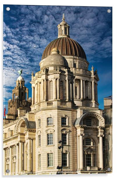 Majestic baroque building with a large dome under a blue sky with fluffy clouds in Liverpool, UK. Acrylic by Man And Life