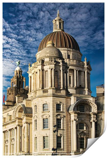 Majestic baroque building with a large dome under a blue sky with fluffy clouds in Liverpool, UK. Print by Man And Life