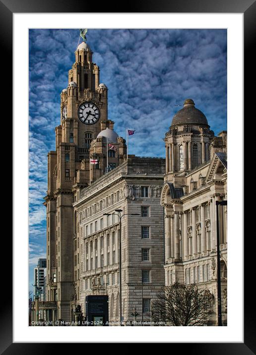 Historic Liver Building in Liverpool with clock tower under a cloudy sky, iconic architecture. Framed Mounted Print by Man And Life