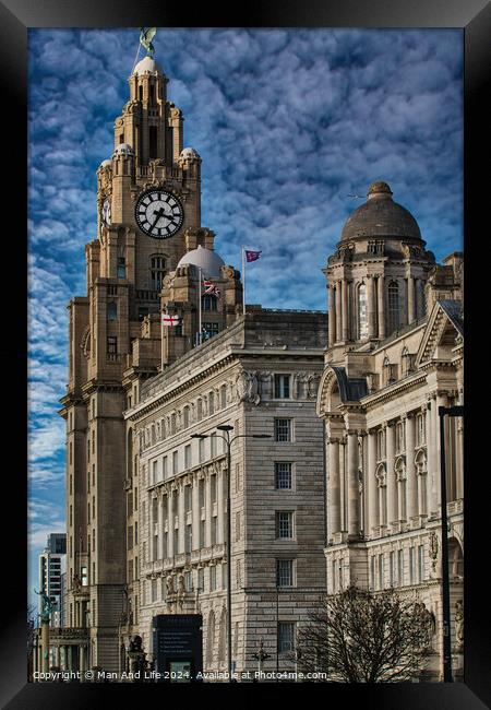 Historic Liver Building in Liverpool with clock tower under a cloudy sky, iconic architecture. Framed Print by Man And Life