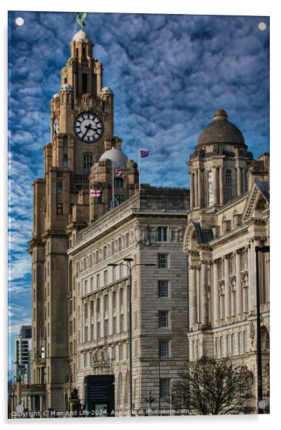 Historic Liver Building in Liverpool with clock tower under a cloudy sky, iconic architecture. Acrylic by Man And Life