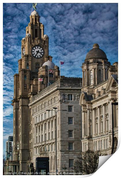 Historic Liver Building in Liverpool with clock tower under a cloudy sky, iconic architecture. Print by Man And Life
