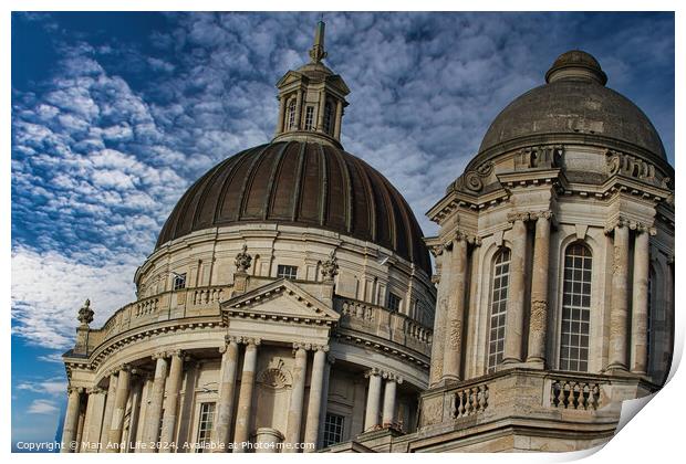 Dramatic view of historic domed buildings against a cloudy blue sky in Liverpool, UK. Print by Man And Life