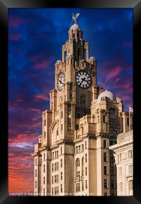 Historic clock tower building against a vibrant sunset sky in Liverpool, UK. Framed Print by Man And Life