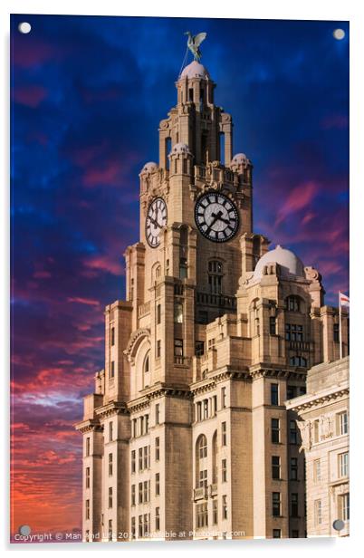 Historic clock tower building against a vibrant sunset sky in Liverpool, UK. Acrylic by Man And Life