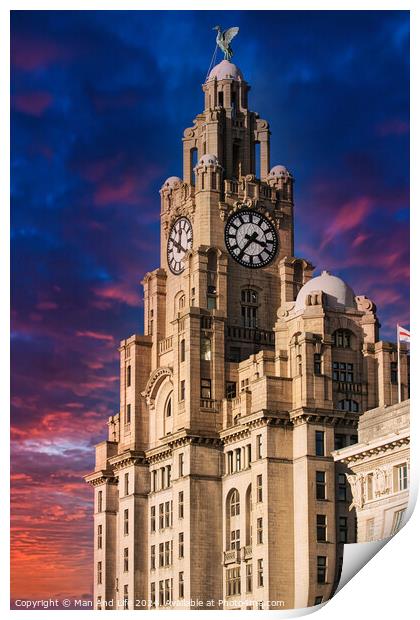 Historic clock tower building against a vibrant sunset sky in Liverpool, UK. Print by Man And Life
