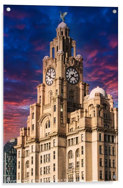 Liver Building in Liverpool, UK against a dramatic sunset sky Acrylic by Man And Life