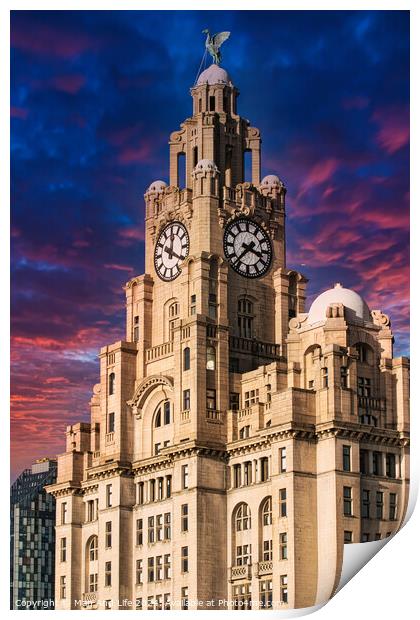 Liver Building in Liverpool, UK against a dramatic sunset sky Print by Man And Life
