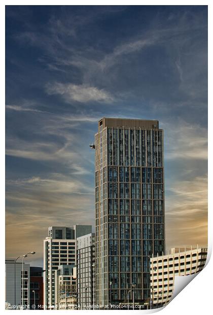 Modern skyscraper against a blue sky with clouds, showcasing contemporary urban architecture in Liverpool, UK. Print by Man And Life
