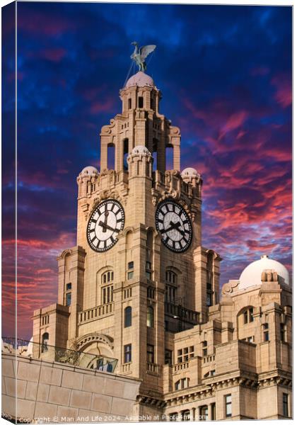 Liverpool's iconic Royal Liver Building at dusk with dramatic pink and blue sky Canvas Print by Man And Life